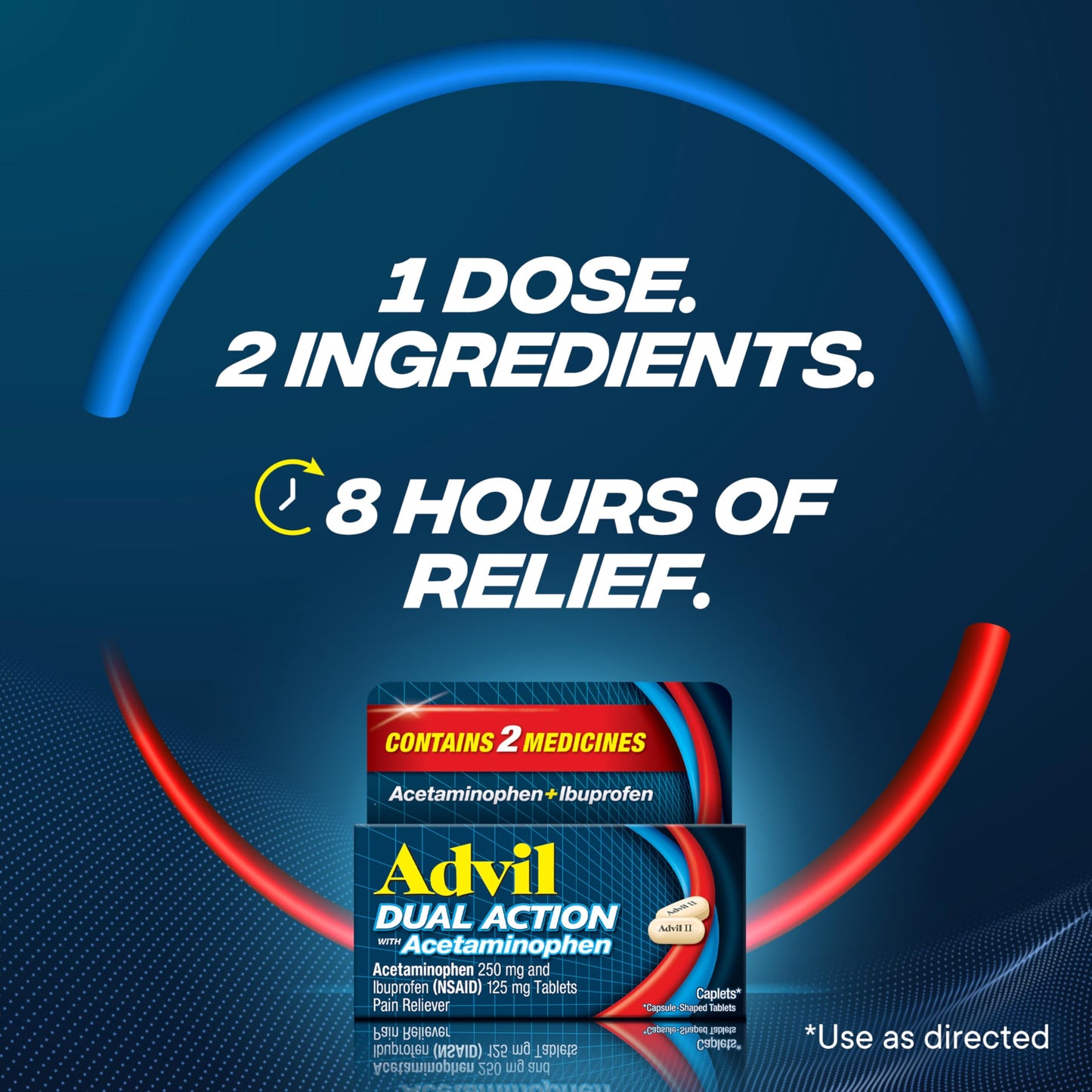 Advil Dual Action Coated Caplets with Acetaminophen, 250 Mg Ibuprofen and 500 Mg Acetaminophen Per Dose (2 Dose Equivalent) for 8 Hour Pain Relief - 2 Count x 50