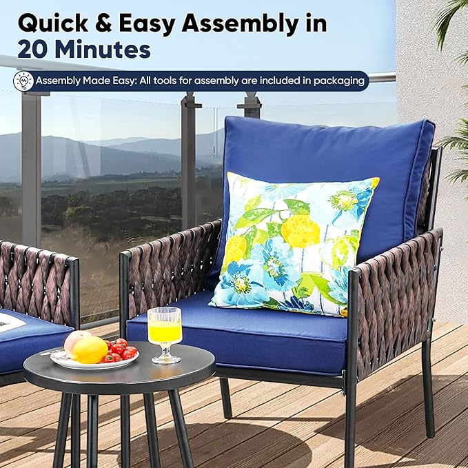 SunloungeCo Patio Furniture Set, 5-Piece Wider Outdoor Metal Seating Sofa with High Back & Lovsest, Coffee Ta ble, All Weather Rattan Conversation for Garden,Backyard, Poolside-Navy