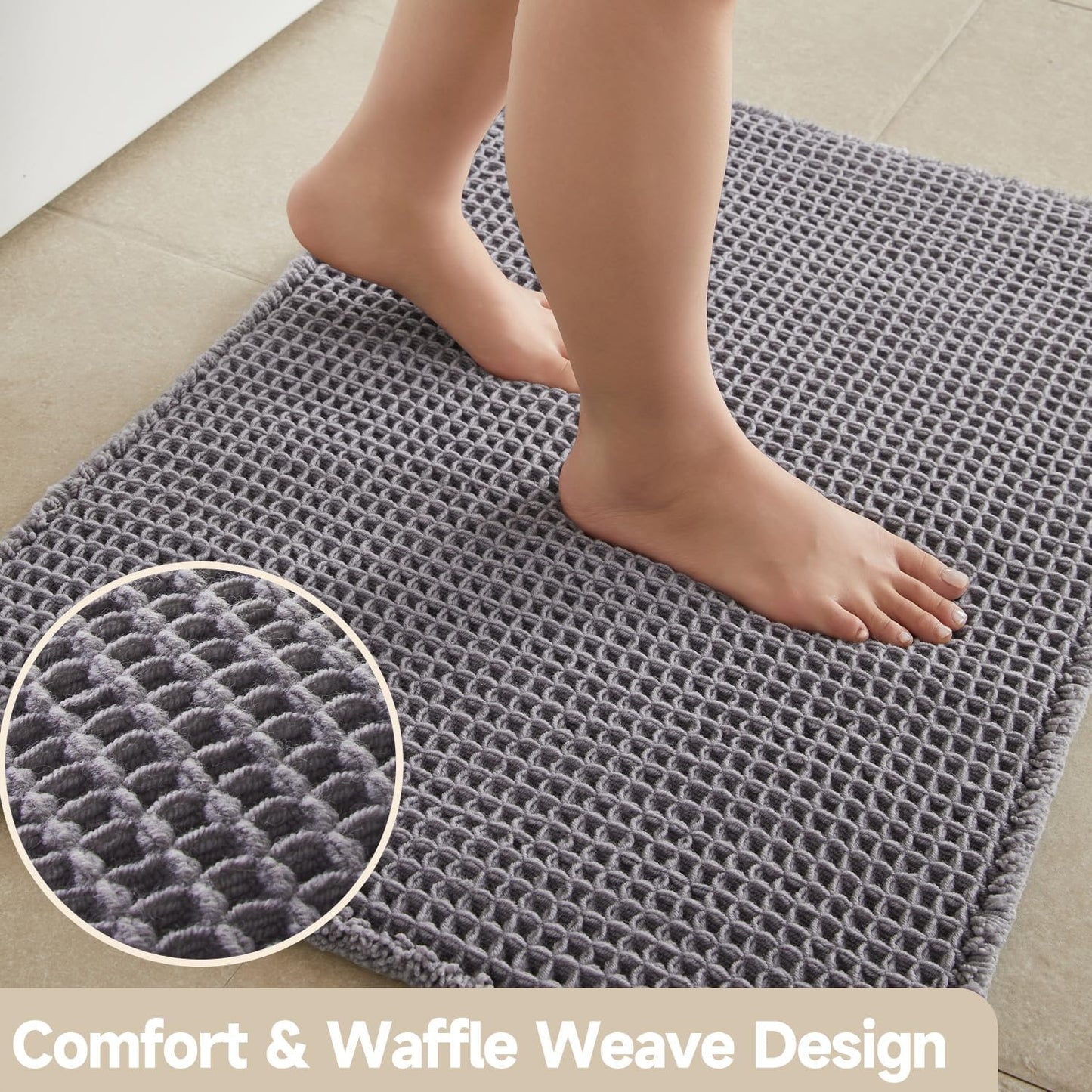 Waffle Bath Mat, Boho Bathroom Rugs Non Slip Washable Super Absorbent Quick Dry Bath Mat Farmhouse Bathroom Decor, 30"x20" Grey