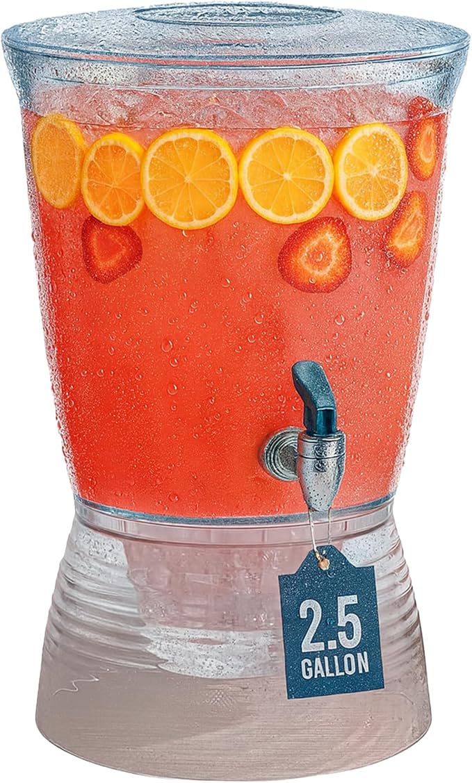 Drink Dispenser for Parties (2.5 Gallon) Large Plastic Water Dispenser for Counter Tops, No Mess, Easy to Assemble & Wash,...