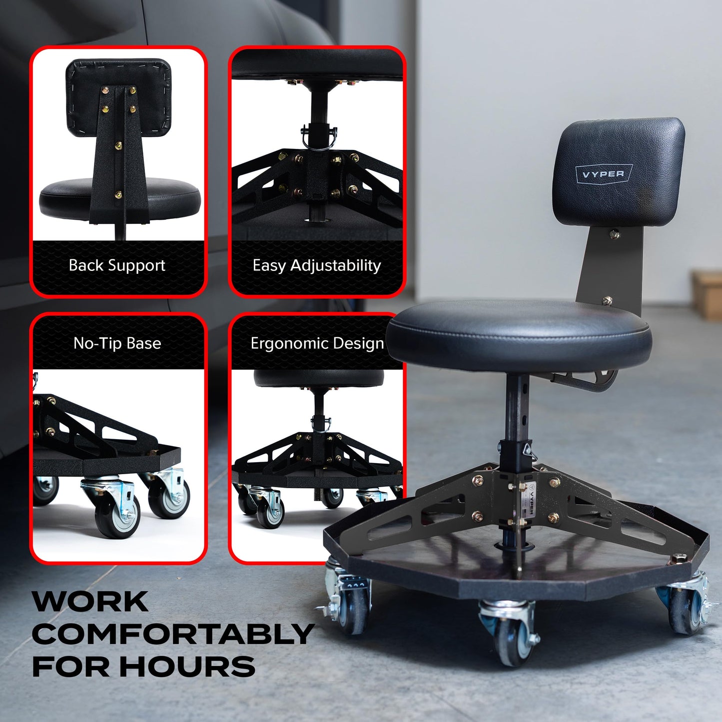 Vyper Robust Steel Sport Shop Chair for Mechanics, Automotive, DIY - 300 lb Capacity Garage Stool with Backrest & Large Wheels (Black Seat, Black Frame)