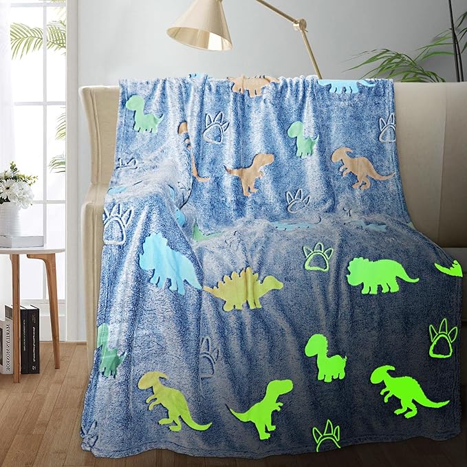 TEHALK Dinosaur Glow in The Dark Blanket for Kids, Toddler Blanket for Boys, Dinosaur Gifts for Boys/Kids, Soft Fleece Bla...