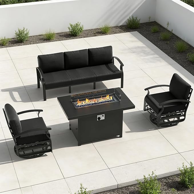 RTDTD Aluminum Outdoor Patio Furniture Set,4 Pieces 5 Seats Patio Conversation Sets with 45" Propane Fire Pit Table,Metal Patio Sectional Furniture Set with 2 Swivel Rocking Chairs,Black