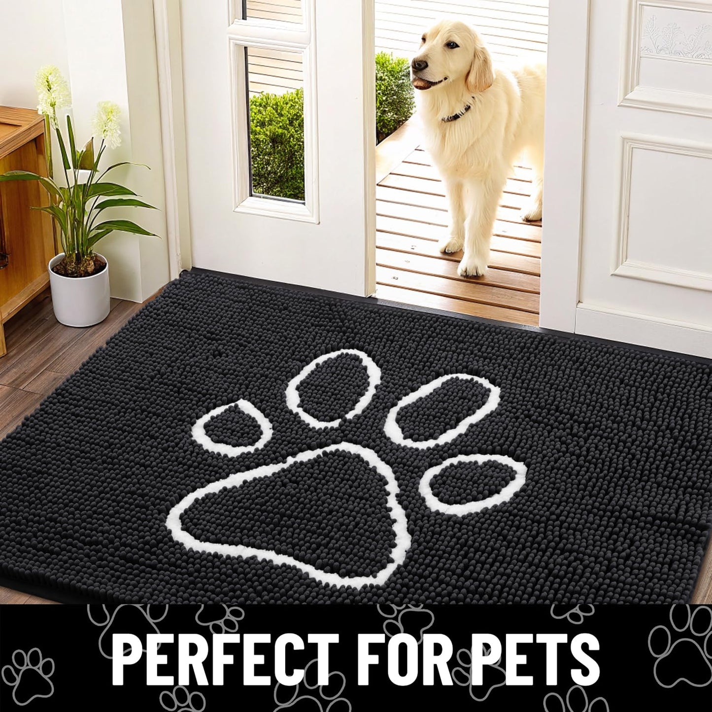 Smiry Dog Door Mat for Muddy Paws, Absorbent Dirt Trapper Non Slip Quick Dry Washable Chenille Mat for Mud Dogs, Entry Rug for Indoor and Outdoor (30x20 Inches, Black)