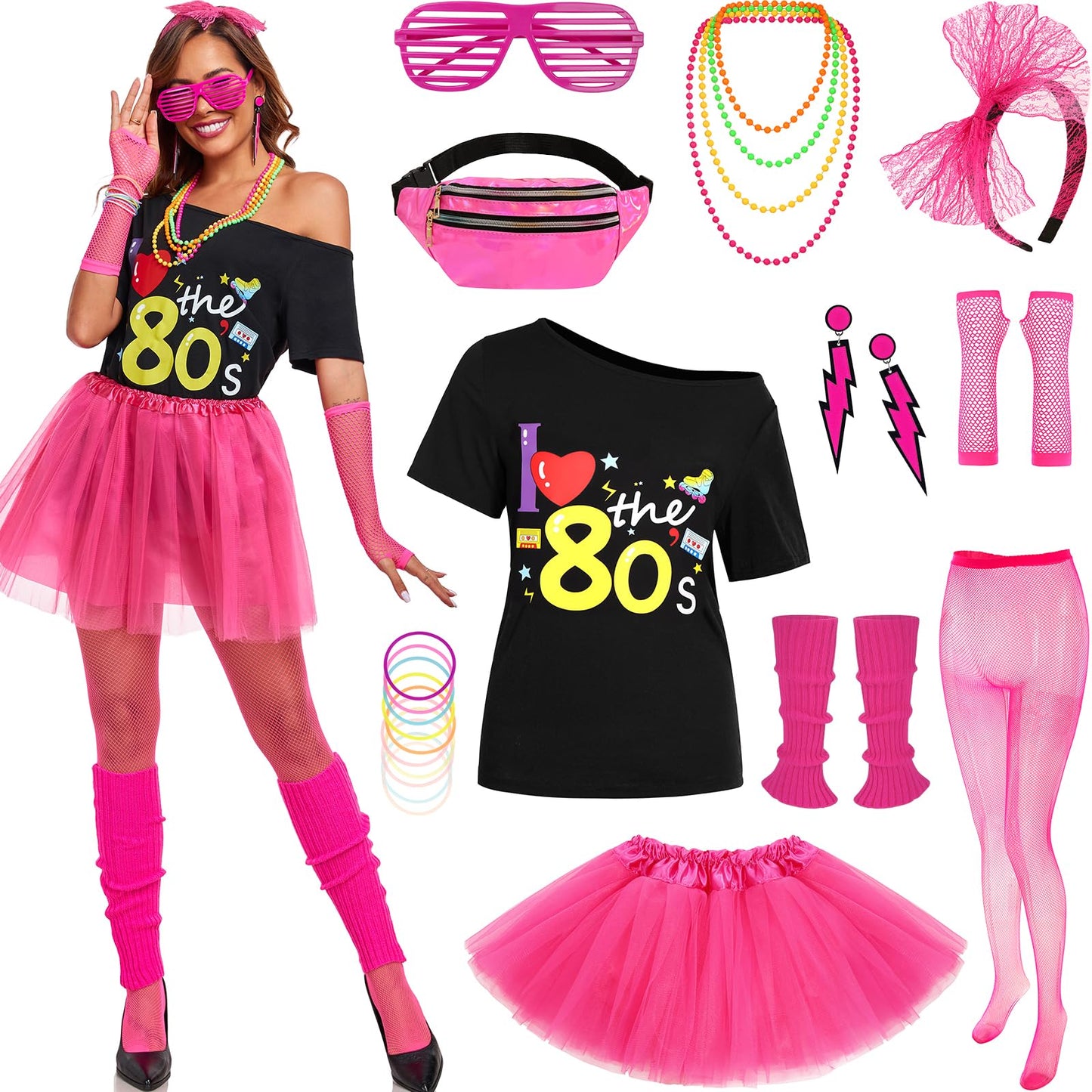 Gorkonpy 80s Outfit Woman Adult Halloween 80s Costumes for Woman with Accessories Leg Warmers Earrings Fanny Pack Headband (Small)