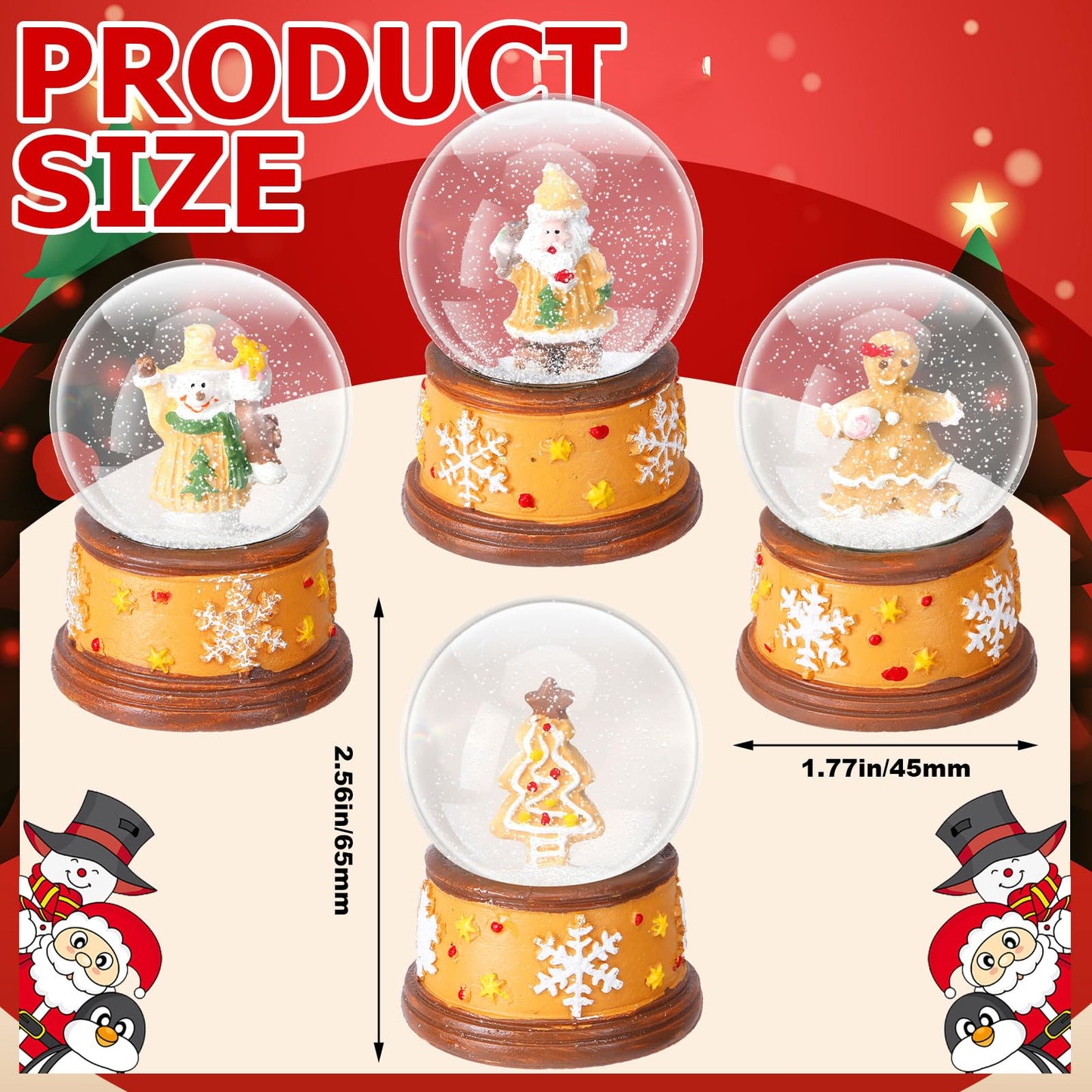 Yerliker 4 Pcs 1.8 Inch Christmas Snow Globe Santa Claus Snow Globe Mini Xmas Water Lightweight Winter Craft for Kids Adults Gift Home Decoration(Gingerbread Man,Yellow)