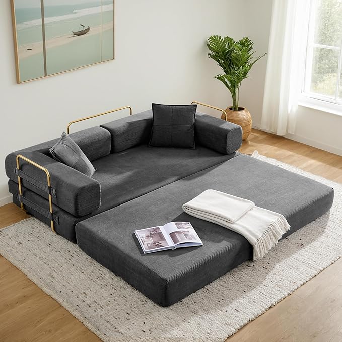 Convertible Couch Sofa Bed Foldable Floor Sleeper | Modern Deep Seat Fold Out Couch | Removable Backrest & Armrests | No Assembly Compression Sofa Sleeper for Living Room, Bedroom | Corduroy Gray
