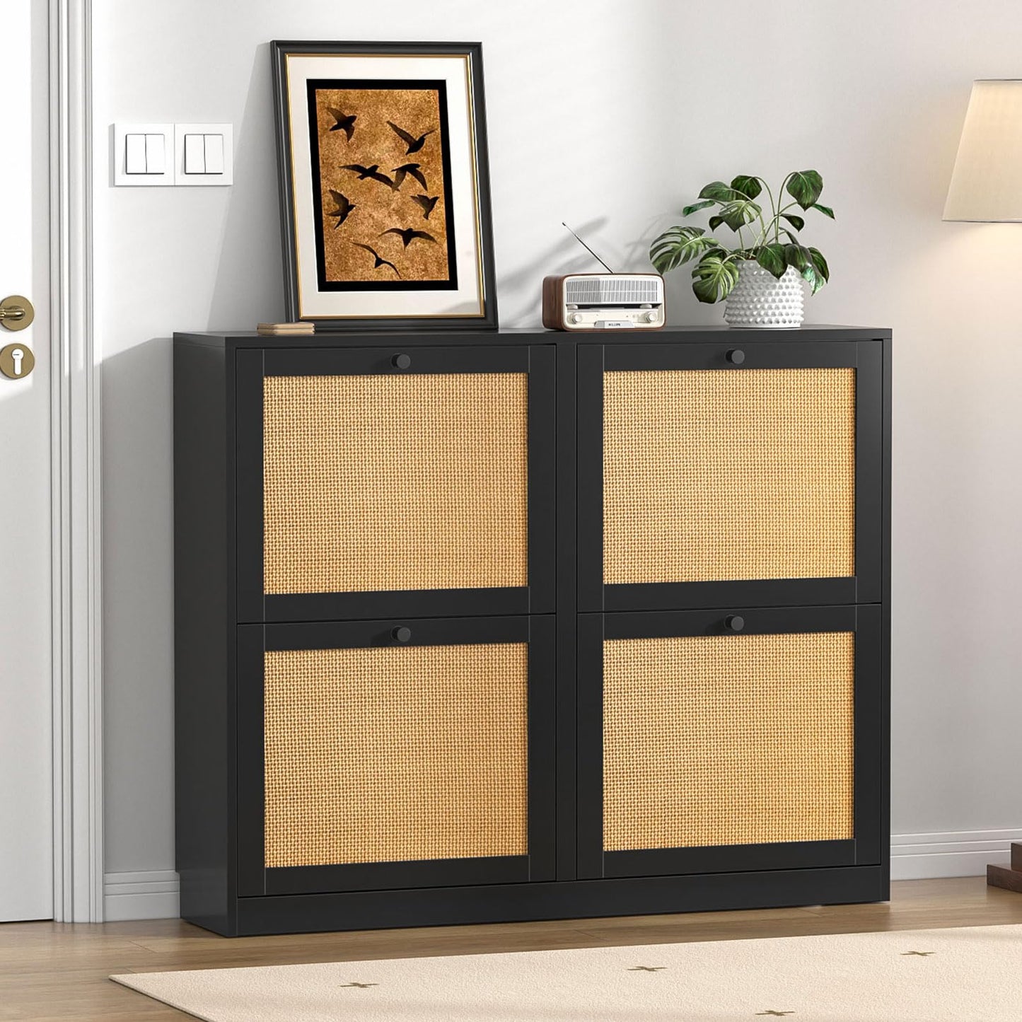 Skokliz Rattan Shoe Storage Cabinet with 4 Flip Drawers, Freestanding Hidden Shoe Cabinet Organizer with Adjustable Shelf, Narrow Shoe Cabinet for Entryway Hallway Living Room
