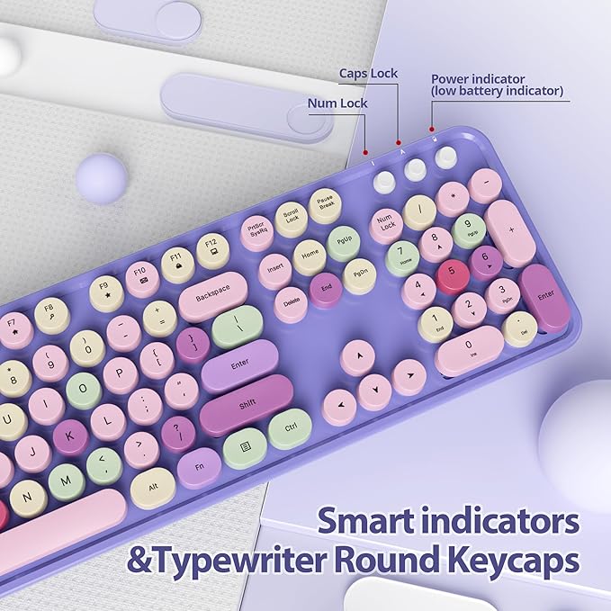 Wireless Keyboard and Mouse Set, Retro Typewriter 2.4GHz Full Size 104-Key Cute Colorful Keyboard with Number Pad Round Keycaps for Windows PC Laptop(Colorful Purple)