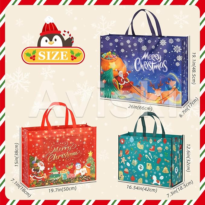 Aviski 3PCS Giant Christmas Gift Bags, Assorted Sizes, Heavy Duty Tote Grocery Treat Sewing Non-Woven Jumbo Bags with Handles for Gifts Wrapping Shopping, Xmas Party Supplies