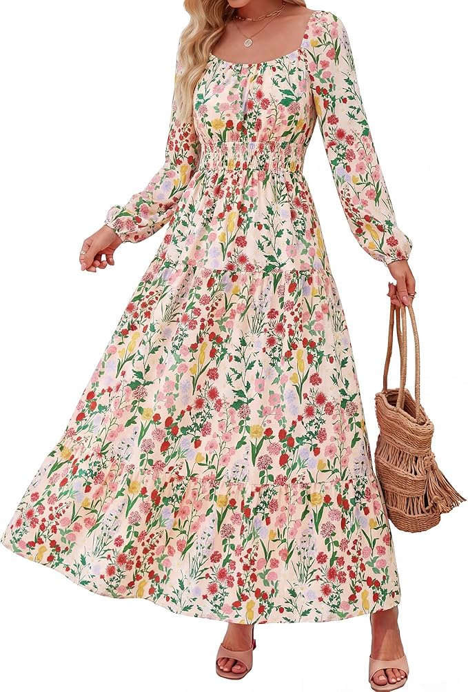 BTFBM Long Sleeve Dress for Women 2026 Spring Fall Boho Floral Square Neck Casual Flowy Long Wedding Guest Maxi Dresses