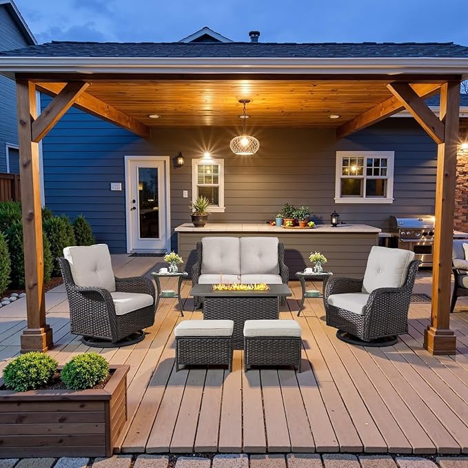 Belord 8 Piece Outdoor Patio Furniture Set - 41" CSA Propane Fire Pit Table Patio Conversation Set with Swivel Rocker Outdoor Chairs, Wicker loveseat and Ottoman for Outside Casual Gathering