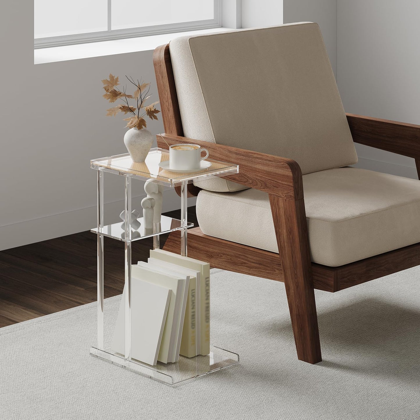 HMYHUM 3-Tier Acrylic Rattan Side Table for Small Spaces, Clear C Shaped End Table for Couch, Living Room, Bedroom, 15.5''L x 11.6''W x 25''H, Modern