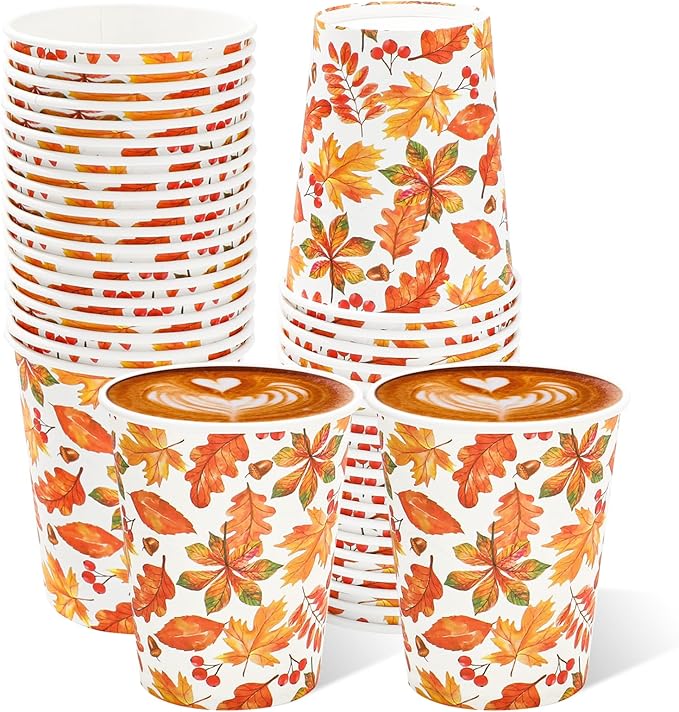 JarThenaAMCS 100Pcs Fall Paper Cups 9 oz Maple Leaves Disposable Coffee Cups for Autumn Thanksgiving Harvest Cold Hot Beve...