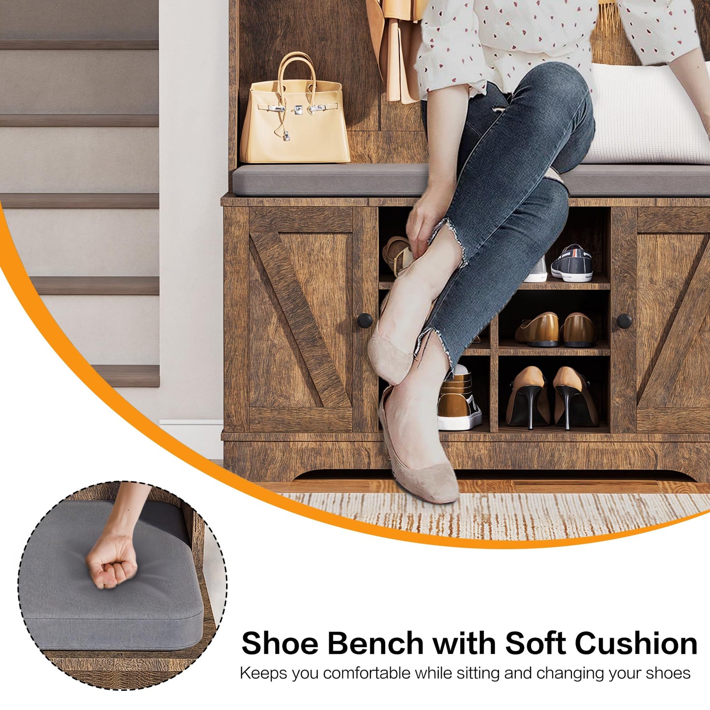 spanspace 71" Hall Tree with Bench and Shoe Storage, Entryway Hall Tree with 2 Doors and 6 Adjustable Shelves, Cushioned Mudroom Storage Bench with Coat Rack for Hallway and Living Room