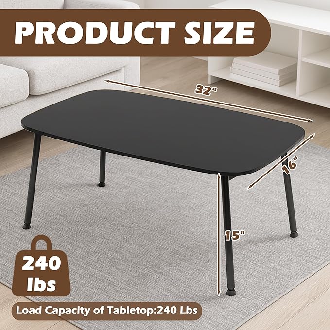 Folding Coffee Table, Portable Floor Table for Sitting on The Floor, Midcentury Modern Coffee Table, Foldable Floor Table for Living Room, 32''L x 16''W x 15''H, Black
