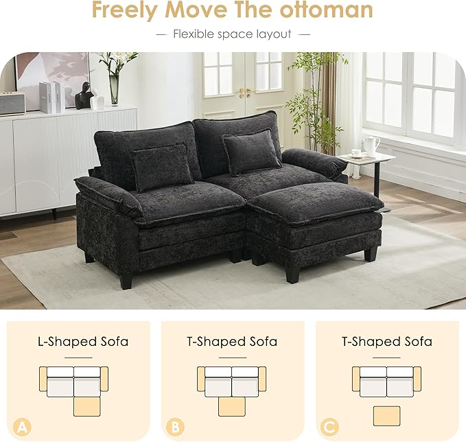 URRED Cloud Couch Modular Sectional Sofa, 87" Modern L Shaped Deep Seat Sofa with Ottoman & Pillows, Ultra Comfy Chenille Couches for Living Room, Bedroom or Apartment, Black