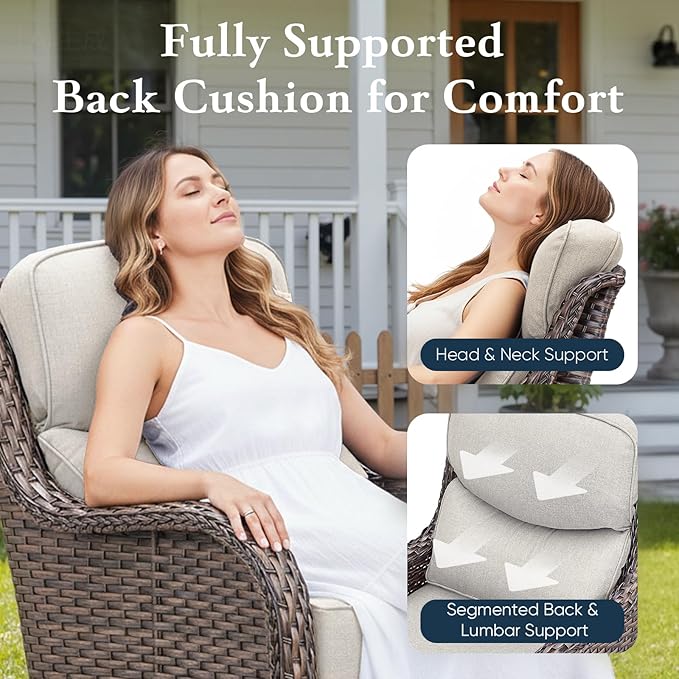 Belord Luxury 6" Thick Cushioned Outdoor Swivel Rocker Patio Chairs with Side Table, High Back Wicker Furniture Set with Ergonomic Zone Back, Conversation Glider Set for Deck Porch - Brown+Beige