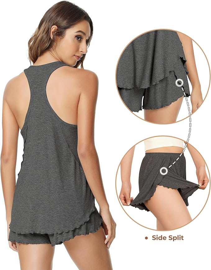 NACHILA Pajamas for Women-Viscose from Bamboo, Ribbed Racerback Tank Top Sexy Split Shorts Pajama Sets Cooling Sleep Cami Pjs