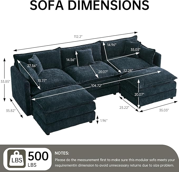 saows Modular Sectional Sofa, 112.2 Inch U Shaped Couch Set with Armrests, 3-Seater Comfy Cloud Couches with Movable Ottoman for Living Room Apartment, Blue