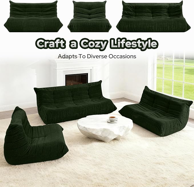 HABUTWAY Bean Bag Chairs Fireside Lazy Floor Sofa, Soft Teddy Fleece 2 Seater Sofa with High-Resilience Foam Filling，Beanbag for Living Room, Bedroom, Office (Green Teddy)