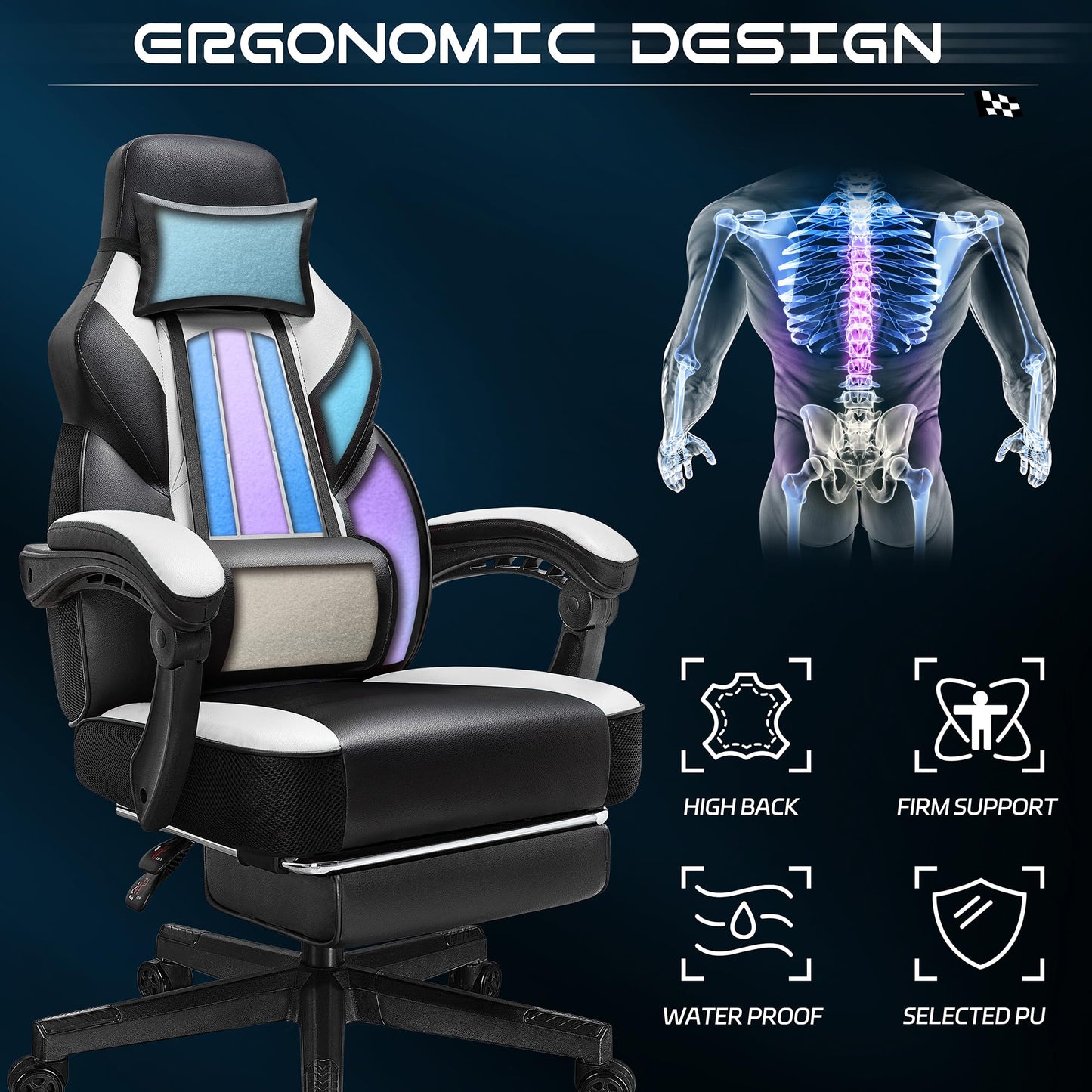 Meilocar Gaming Chair for Adult, Video Game Chair Computer Chairs with Footrest Big and Tall Gaming Chair with Massage Lumbar Support Height Adjustable and 360° Swivel Seat White