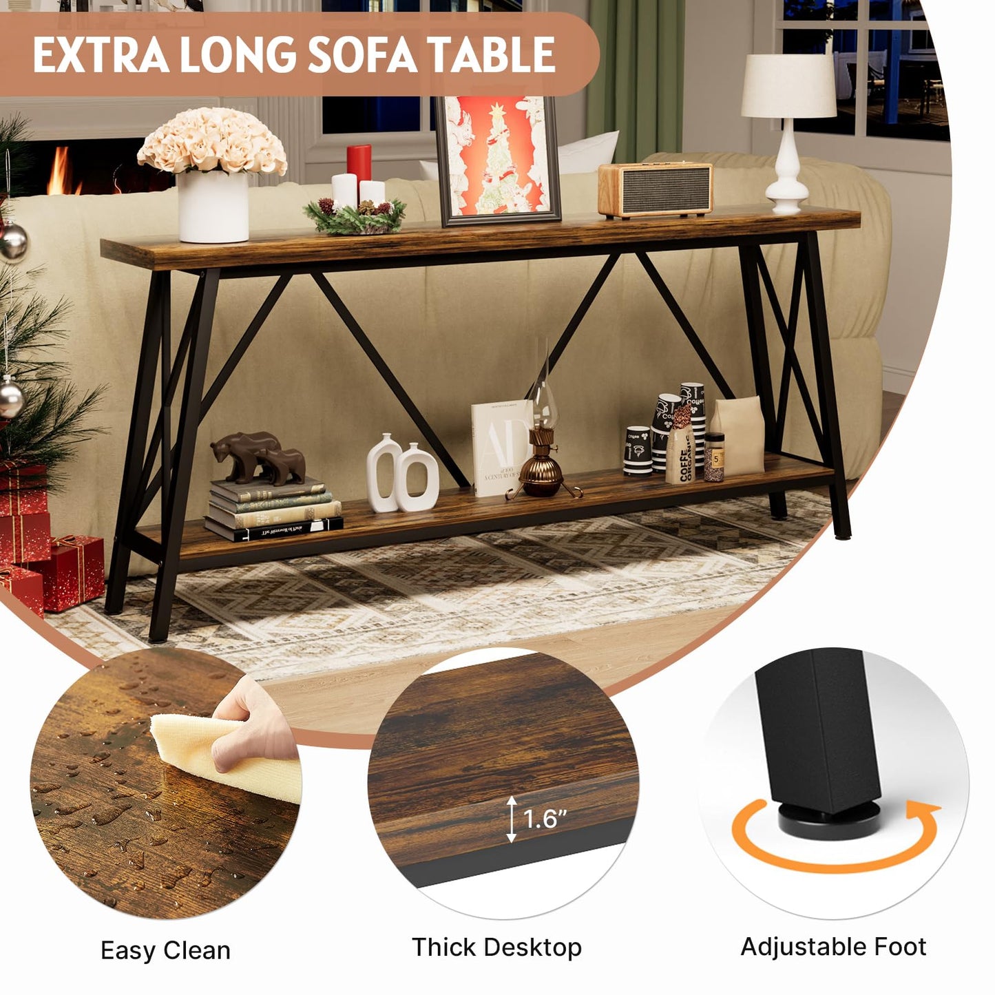 Rovibek 70.9 Inches Extra Long Sofa Table Narrow - Behind Sofa Table with X-Shaped Support, Industrial Console Table Entryway, Hallway Table for Entryway, Living Room, Brown