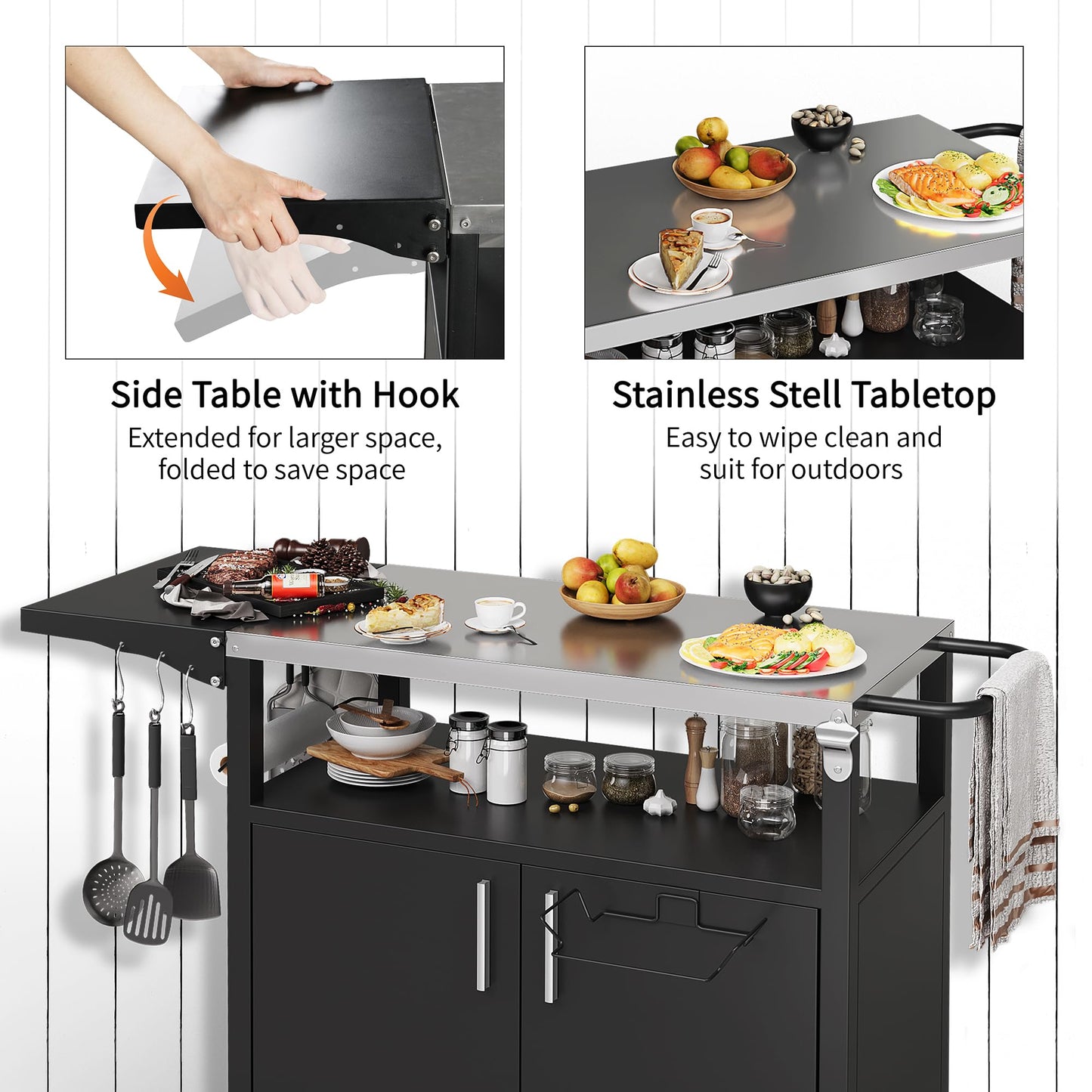 Shintenchi Outdoor Grill Cart Table with Stainless Steel Top for Kitchen Prep and BBQ, Outdoor Kitchen Island Table with Side Handle, Multifunctional Outdoor Grill Table, Black