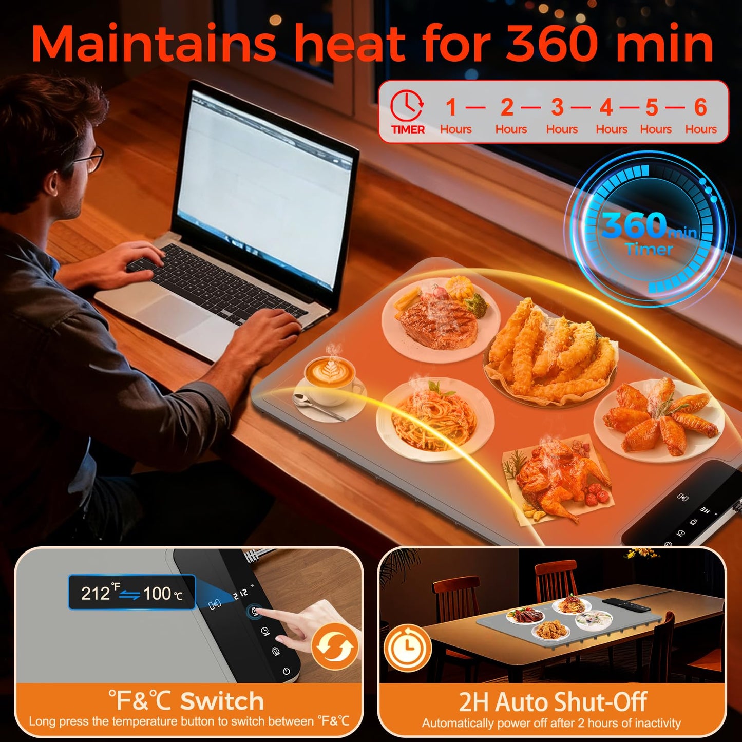 Warming Mat for Food | Dishwasher Friendly,Full-Surface Food Warmer with 6-Mode Adjustable and Timer,Roll-Up & Portable Silicone Food Heating Pad with Child Lock,Electric Warming Tray for Buffet Party