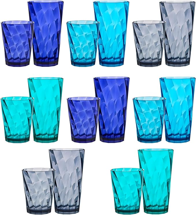 US Acrylic Optix Plastic Reusable Drinking Glasses (Set of 16) 14oz Rocks & 20oz Water Cups in Coastal Colors | BPA-Free T...