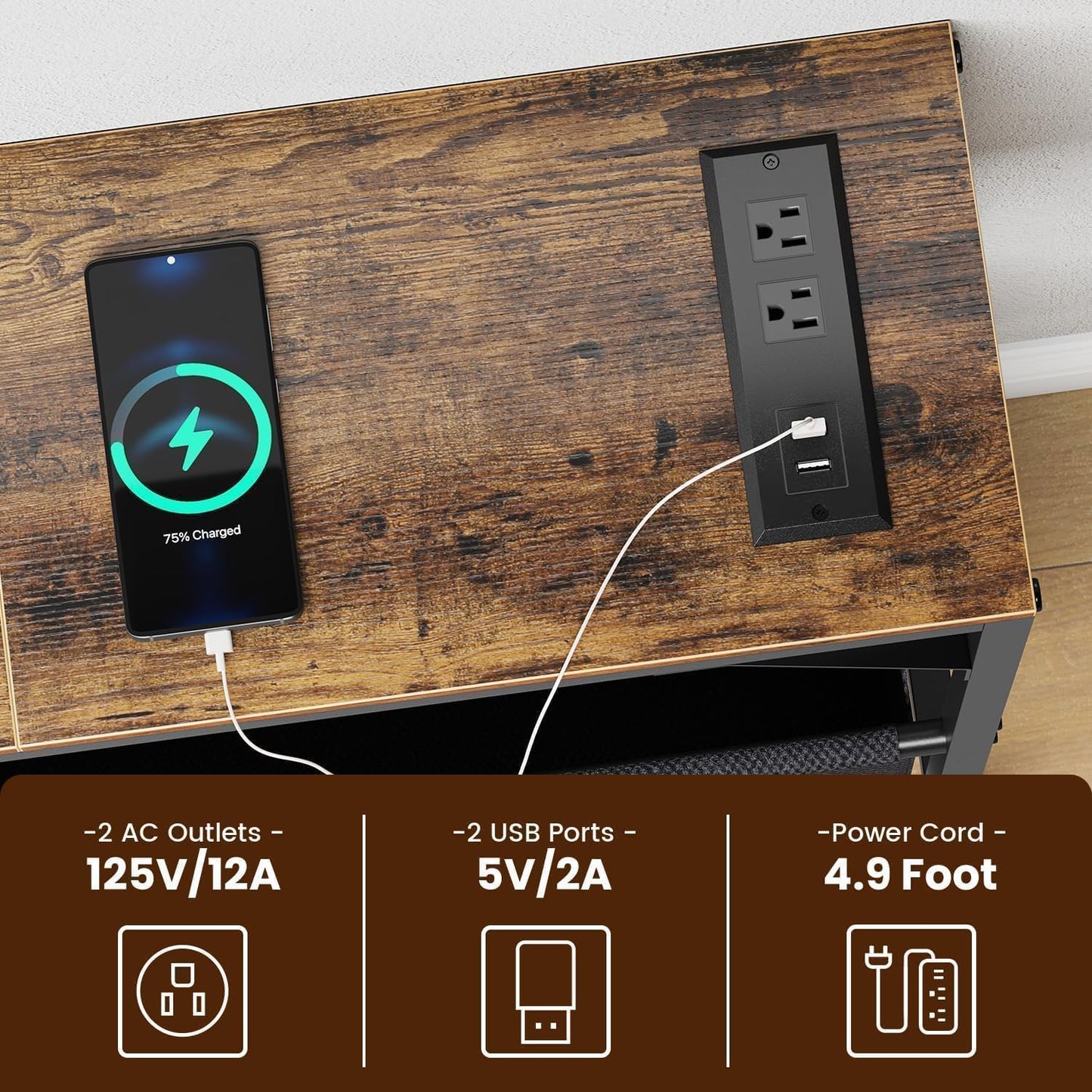 Asgolion Console Table with Charging Station and Storage Basket, 47.2'' Behind Couch Table with Power Outlets USB Ports, Narrow Entryway Table for Hallway, Foyer, Living Room, Rustic Brown