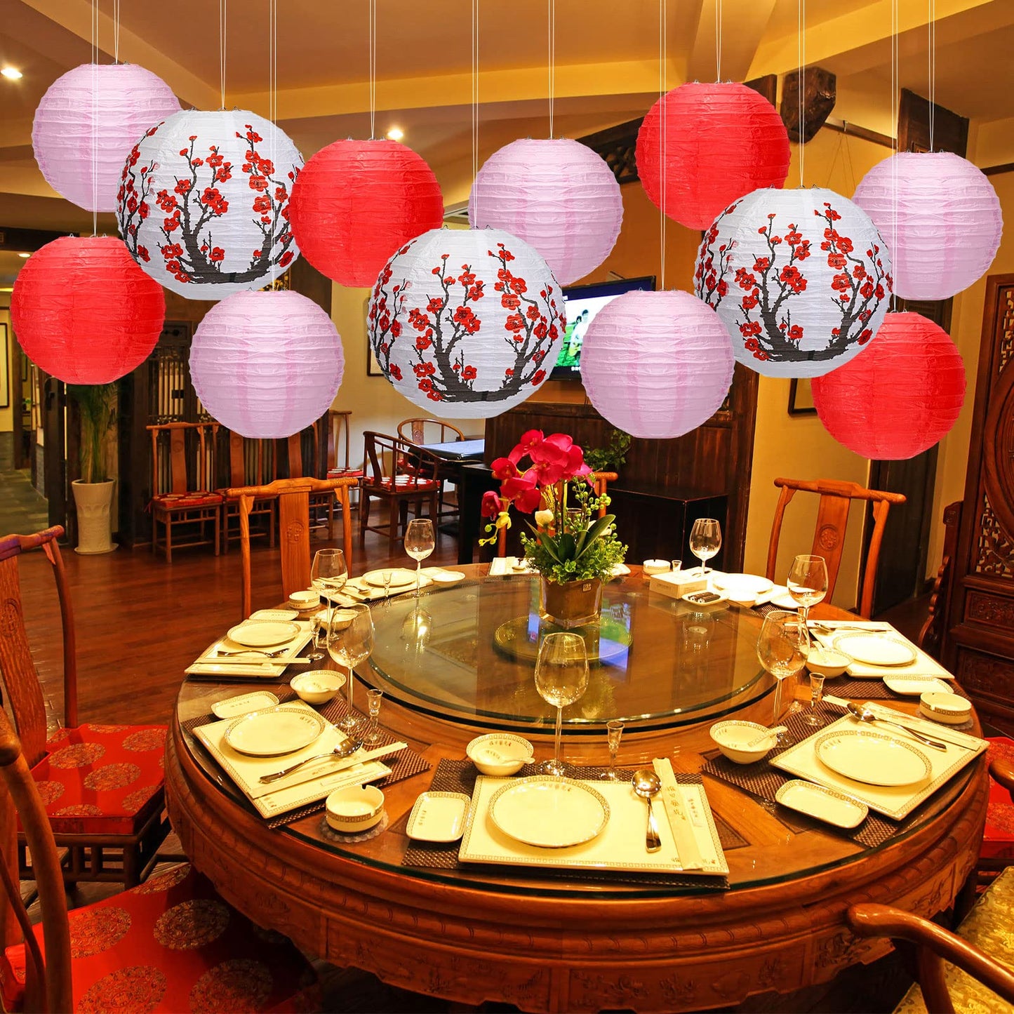 Mudder 20 Pieces Chinese Japanese Paper Lanterns Chinese New Year Decorations Includes Cherry Paper Lanterns for Hibachi Party Restaurant Wedding Decor(Red White and Pink,Modern Style)