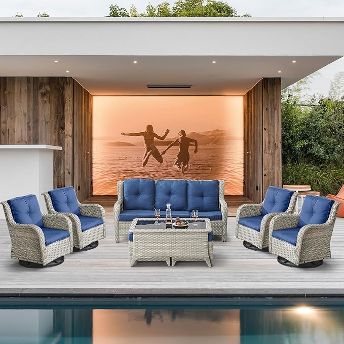 Belord Wicker Patio Furniture Sets - 8 Piece Outdoor Rattan Furniture Conversation Sets with 4 Swivel Rocker Chairs, Rattan Sofa, Wicker Ottomans and Coffee Table, Light Grey/Blue