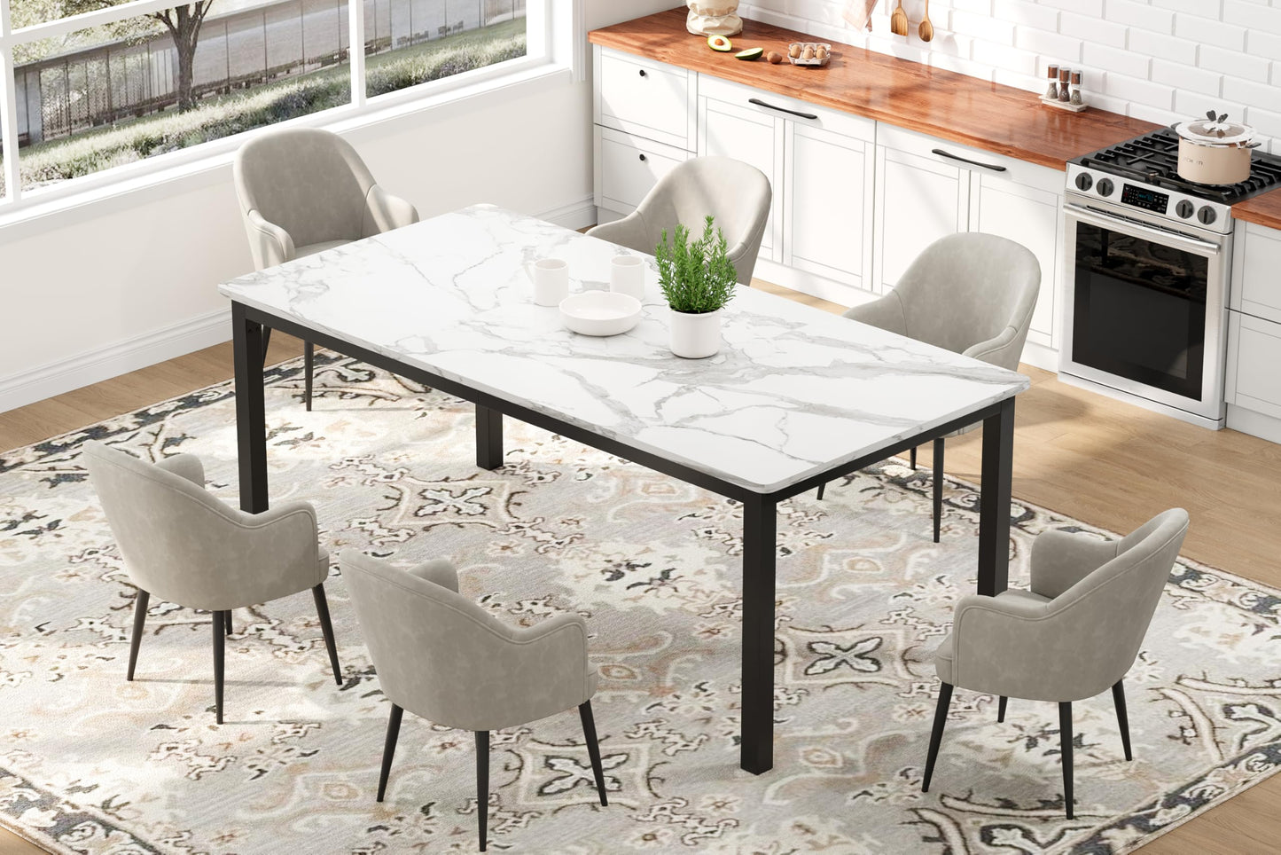 Sunvasagoo Dining Table for 6 People, Farmhouse Wood Kitchen Table, Rectangle Furniture with Metal Legs Wooden Conference Tables Writing Desk for Living Room
