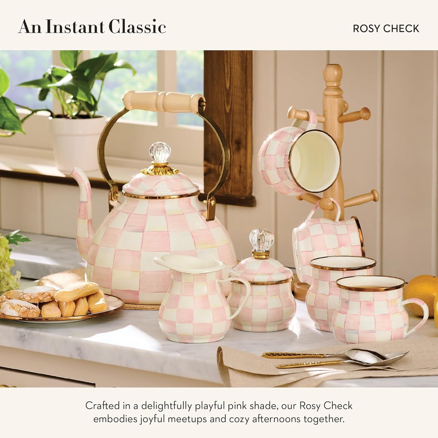 MACKENZIE-CHILDS Set of 4 Enamel Appetizer Plates, Mini Dessert Plates, 5 Inches, Pink-and-White Rosy Check