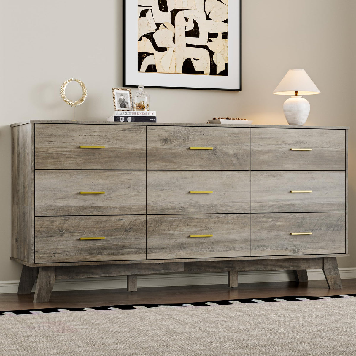 BORNOON Dresser for Bedroom with 9-Drawer, 59" Wide Modern Chest of Drawers with Metal Handles, X-Shape Base & Adjustable Center Leg, Anti-Tip Closet Organizers and Storage