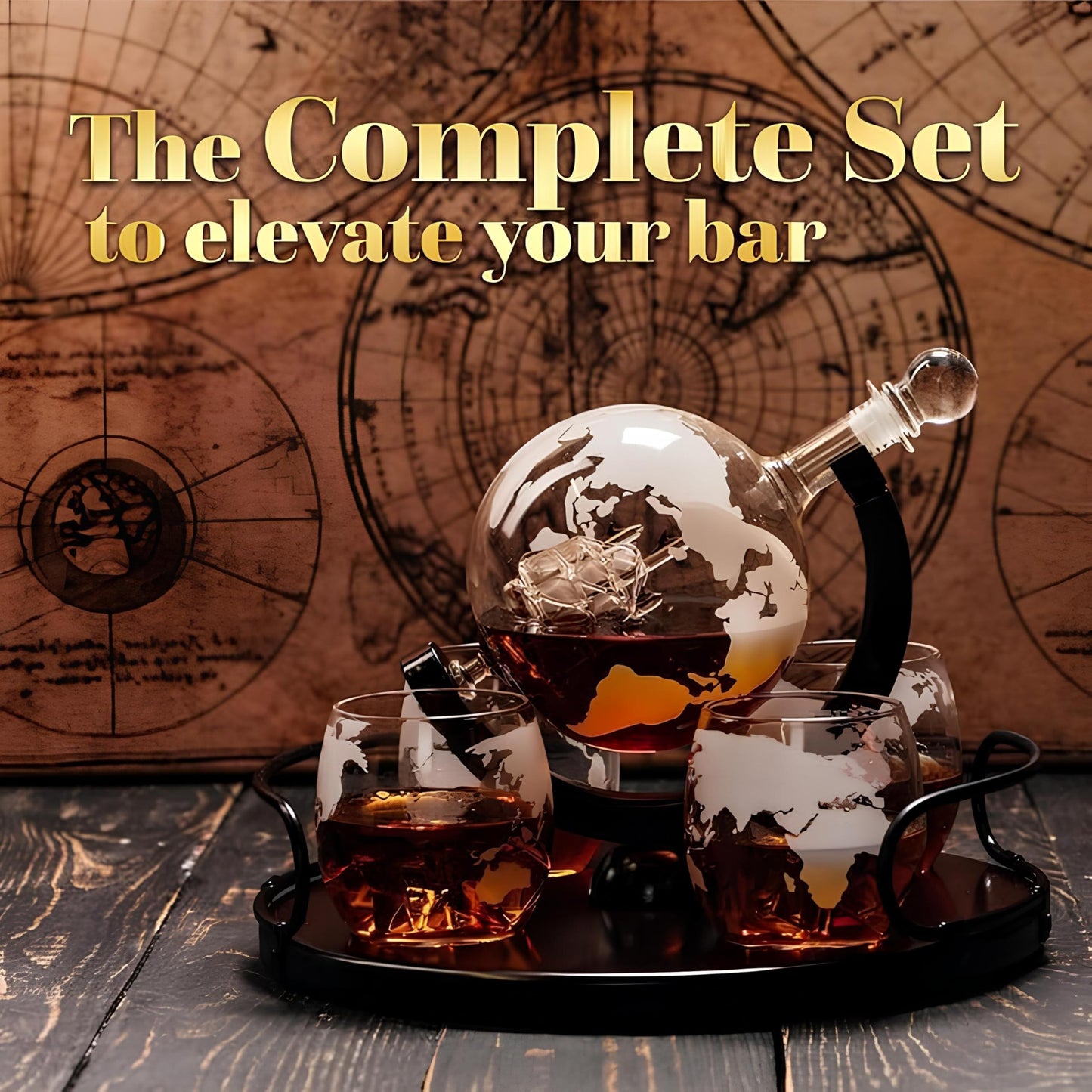FWTBOOM Whiskey Globe Decanter Set, with 2 Etched Whiskey Glasses, 4 Ice Cubes, Tong & Funnel, Decanter for Liquor, Bourbon, Scotch, Whisky Gifts for Men Husband Boyfriend Dad, 1000ML