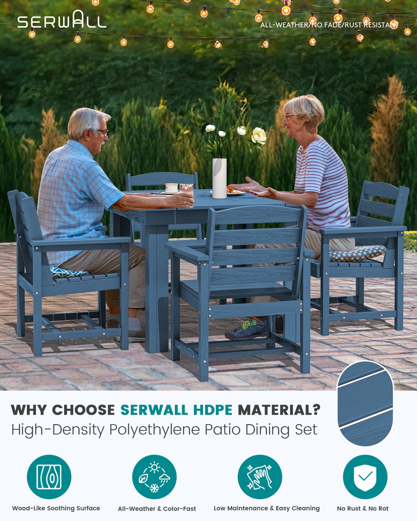 SERWALL Outdoor Dining Set for 4, HDPE Square Table and Chairs Set All Weather Patio Dining Set with 4 Classic Dining Chairs, 5-Piece Patio Dining Furniture for Deck, Blue