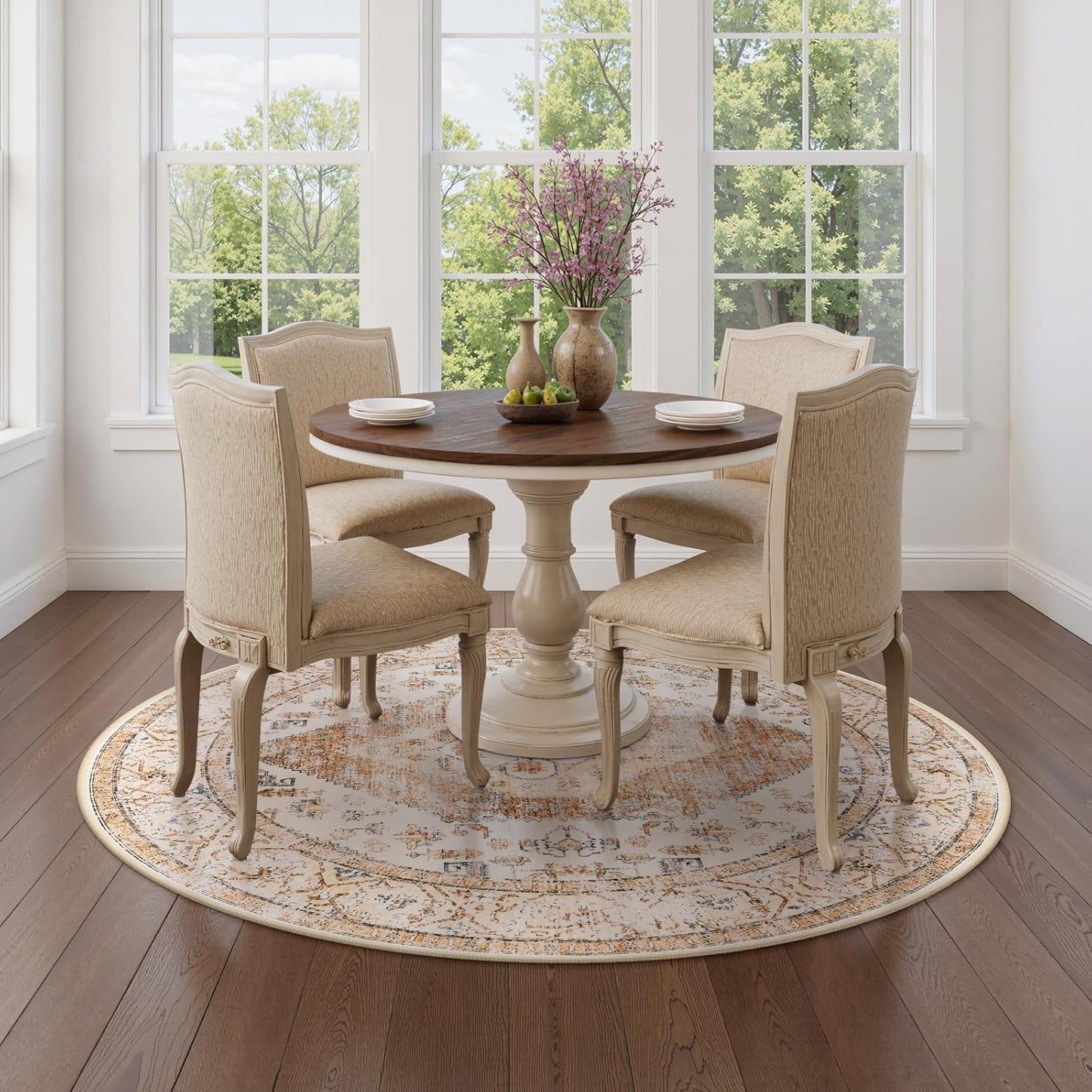 Lahome Boho Circle Rug - 6Ft Washable Round Area Rugs for Living Room Non-Slip Throw Dining Room Rug Large Round Carpet, Oriental Distressed Print Circular Mat for Office Classroom Bedroom Sofa