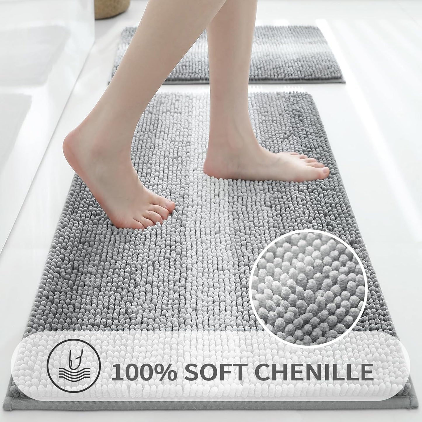 Gibelle Grey Bathroom Rugs, Luxury Chenille Bath Mat, Small Non Slip Shower Rug and Bath Room Floor Mats, Machine Washable, Quick Dry Bathmat, Soft Cozy Plush Rug for Tub, 20" x 32"