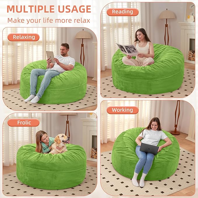 HABUTWAY Bean Bag Chair 3Ft Luxurious Velvet Ultra Soft Fur with High Rebound Memory Foam Bean Bag Chairs for Adults Plush Lazy Sofa with Fluffy Sponge 3' (Lime)