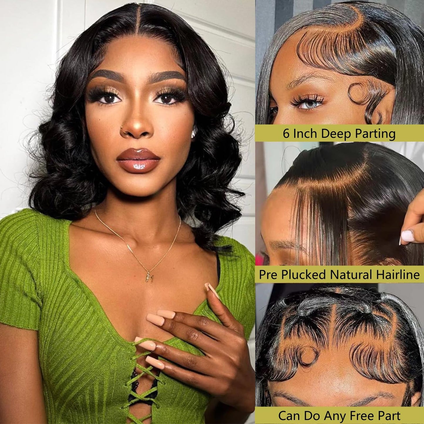Gureimi 16 Inch Bob Wig Human Hair Short Body Wave Lace Front Wigs Human Hair 13x6 HD Lace Front Wigs Human Hair 200 Density Bod