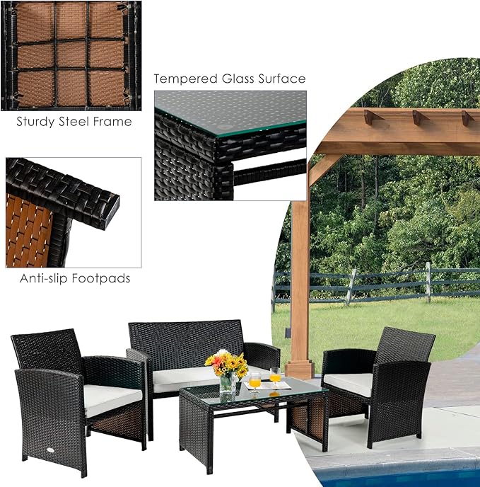 Tangkula 6 Pieces Patio Furniture Set, Outdoor Sectional Conversation PE Rattan Sofa Set with 1 Loveseat, 1 Coffee Table, 2 Armchairs and 2 Ottomans for Garden, Deck, Backyard and Poolside (White)