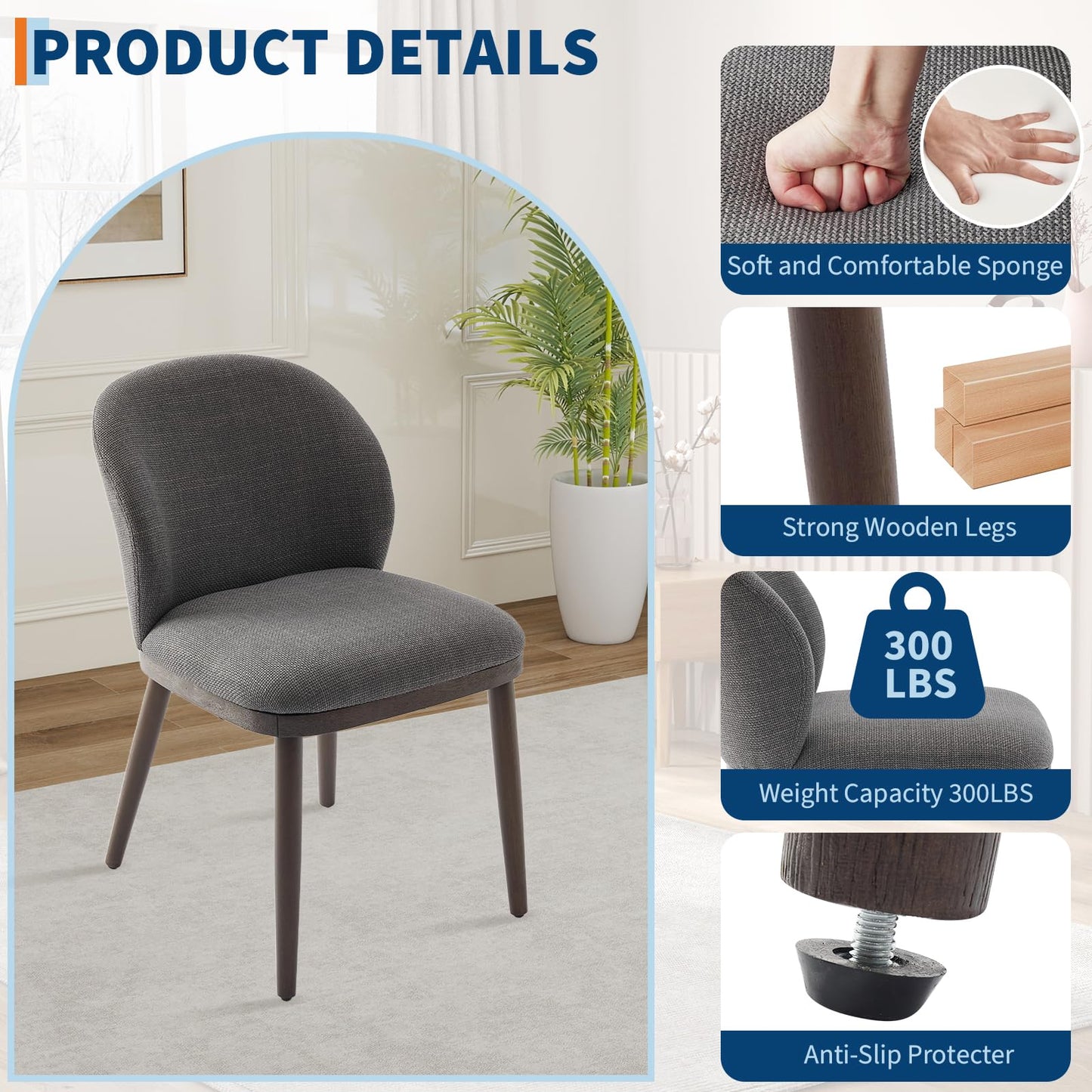 Attracoast Dining Chair Set of 6,Modern Upholstered Kitchen Chairs with Ergonomic Back Support,265lbs Capacity Dining Room Chairs with Wood Legs for Kitchen Dining Room Restaurant