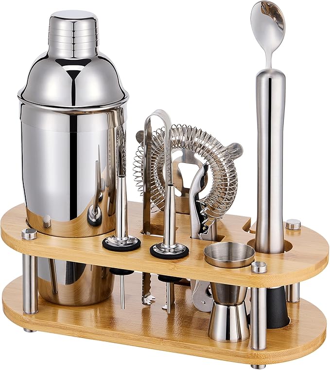 Cocktail Shaker Set Bartender Kit - 11 Pcs Bar Tool Set with Bamboo Stand & All Bar Accessories: Martini Shaker, Strainer,...