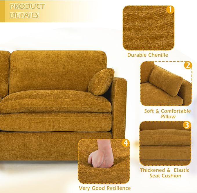 ACMEASE 3 Pieces Chenille Sofa Set w/Arm Pillows, Upholstered 2 Pieces Loveseat & 3 Seater Sofa w/Comfortable Back Cushions, Modern 2-Seat & 3-Seat w/High-Density Foam for Living Room, Yellow