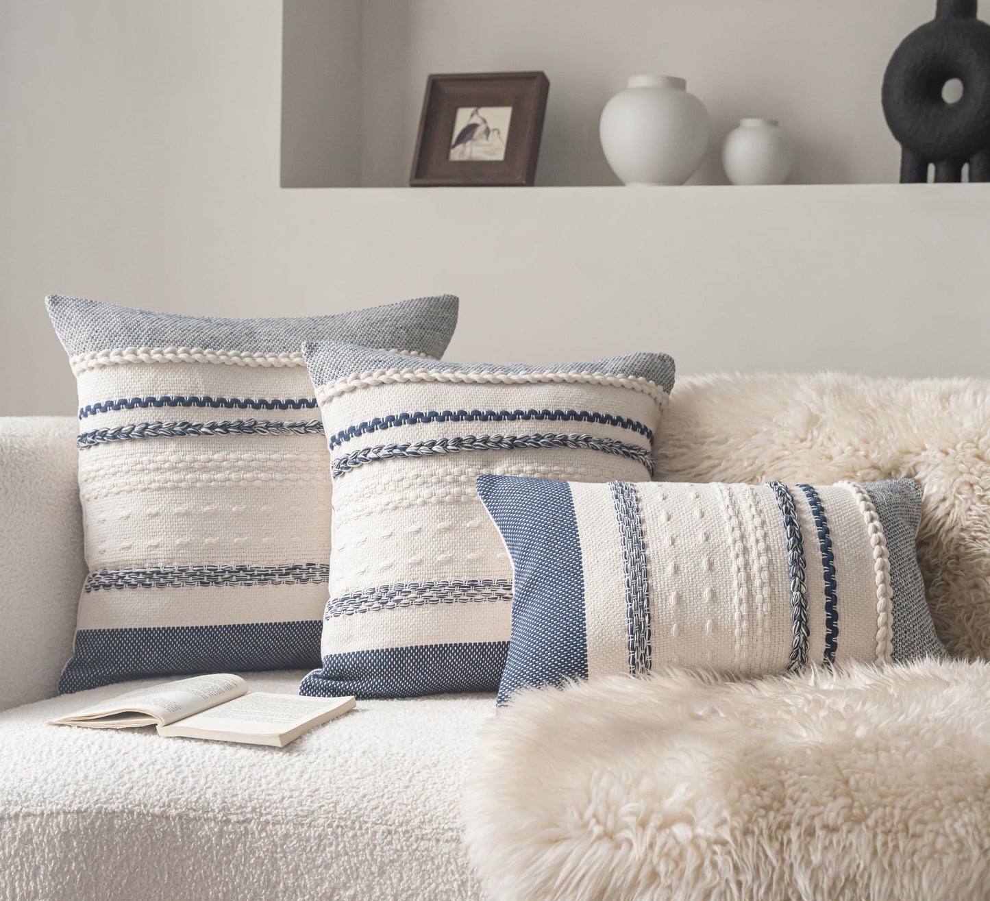 Cethom Boho Throw Pillow Covers 18x18 Inch Set of 2, Navy Blue Textured Decorative Couch Pillow Cases for Farmhouse Home Decor, Accent Cushion Cover for Sofa, Bed, Living Room, Bedroom