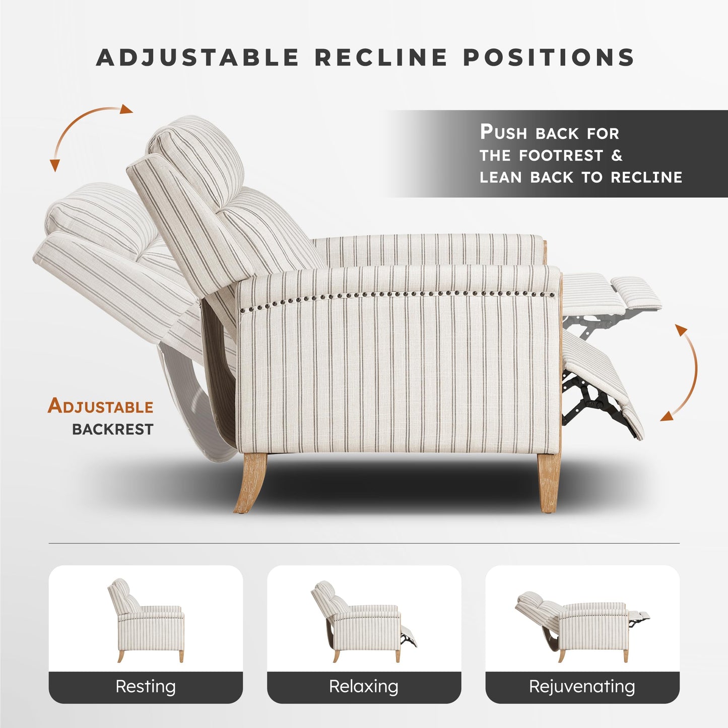 Lexicon Pushback Recliner Chair, Striped Textured Fabric Accent Armchair, Push Back Recliner, Nailhead Trim, Solid Wood Legs, Easy Assembly for Living Room/Office/Apartment, White/Grey