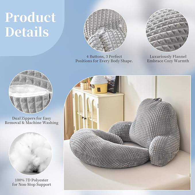 PAJEO Reading Pillow for Bed,U Shaped & Back Support Pillow for Bed,17" Backrest with Lumbar & Arm Support,Comfy Flannel Fabric,Lap Pillow for Gaming/Reading/Watching TV,Gray