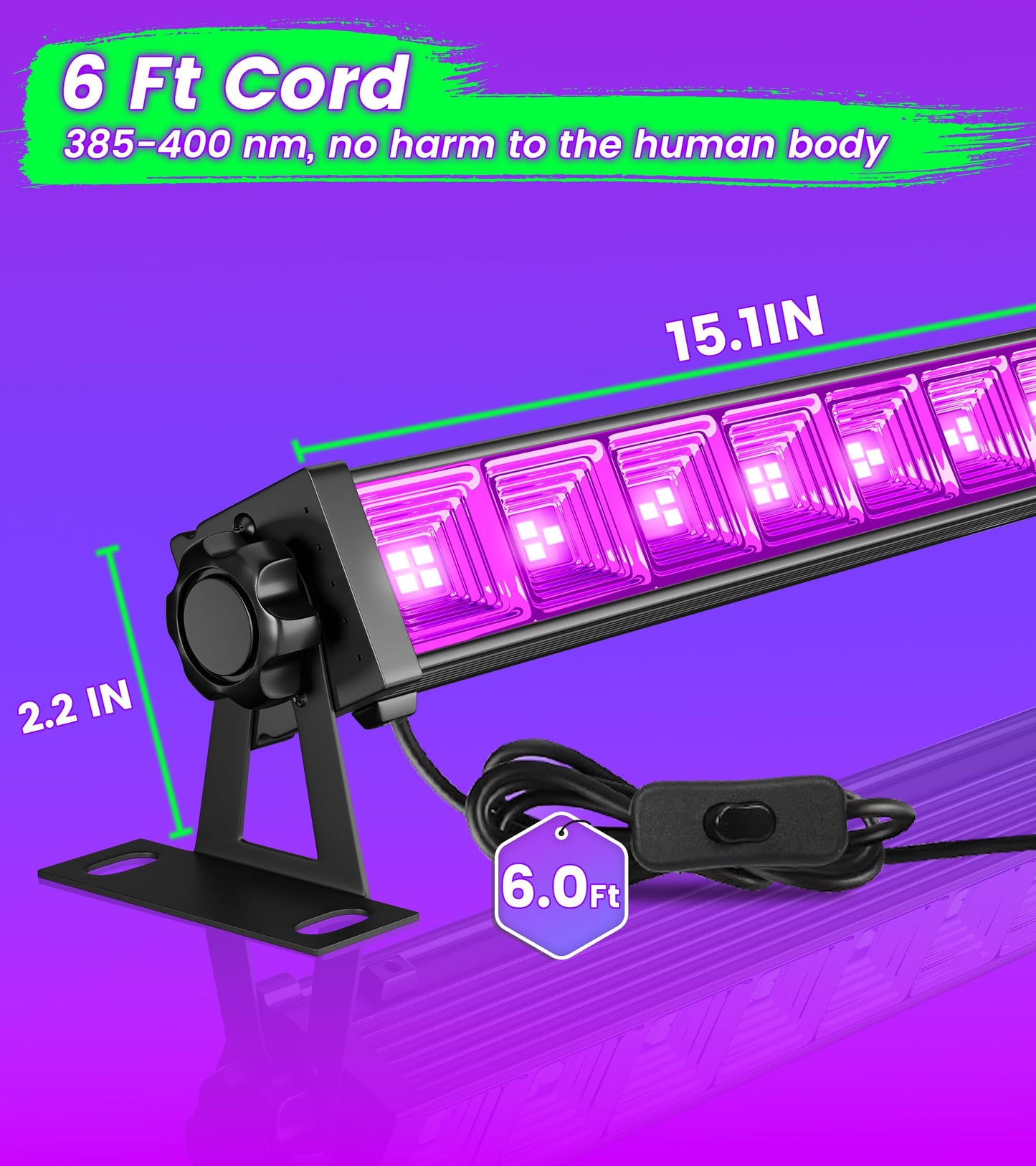 42W 6 Pack LED Black Light Bar, Blacklight Light Up to Lagre Area with 6ft Cable+Switch+Plug, Glow Party Light Supply for Halloween, Fluorescent Poster, Body Paint, Birthday,Classroom, Bedroom
